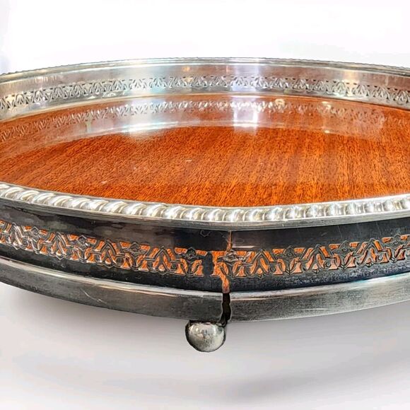 Vintage Crescent Modern Formica and Silver Plate Round Serving Bar Tray MCM 12" - Picture 4 of 6